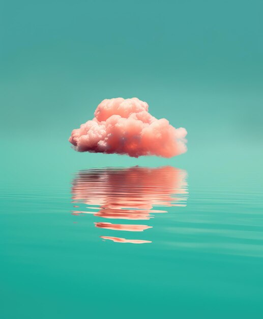 Roze suikerspin wolk zweeft over cyaan wateroppervlak Dromerige surrealistische AI gegenereerde achtergrond