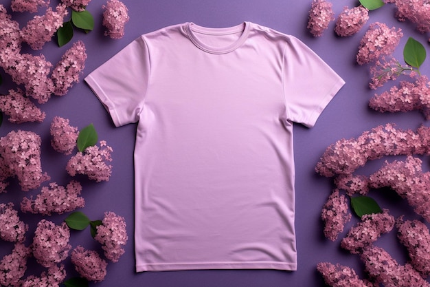 Roze t-shirtmodel voor branding in het midden van de afbeelding, seringen aan de randen van de afbeelding