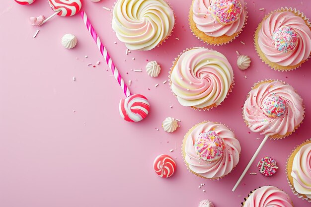 Roze tafelblad op roze achtergrond met versierde lolly's en cupcakes verjaardagsfeestje voor kinderen