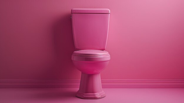 Roze toilet in een roze kamer.