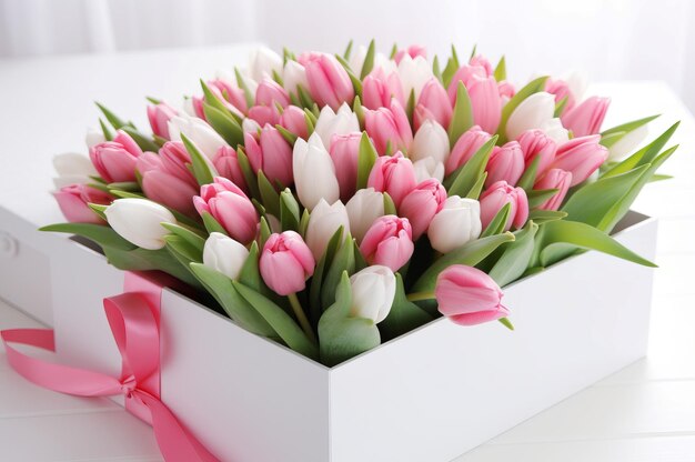 Roze tulpen doos met cadeau lint Huidige dag papier natuur planten Genereren Ai