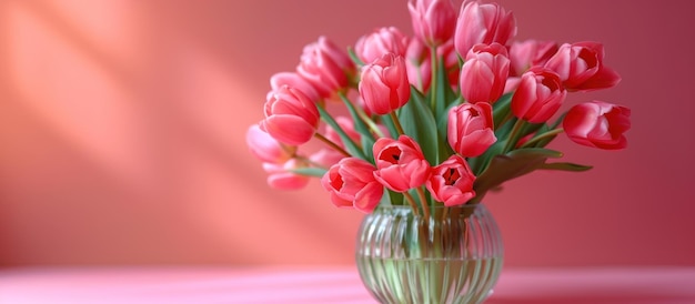 Roze tulpen in een vaas op tafel