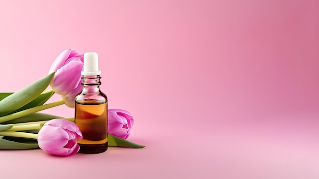 Roze tulpen met fles etherische olie voor spa en zelfzorg achtergrond