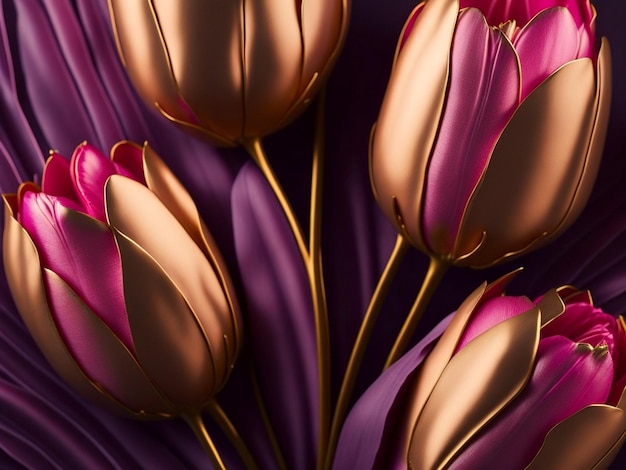 roze tulpen op paarse achtergrond met bladgoud