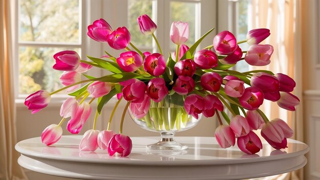 Roze tulpenboeket op tafel.