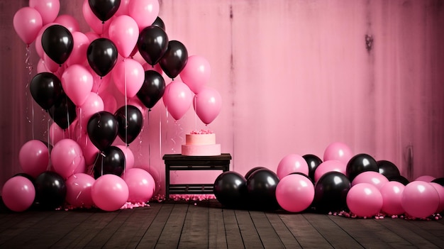 roze verjaardagsballons in een roze interieur vakantieconcept