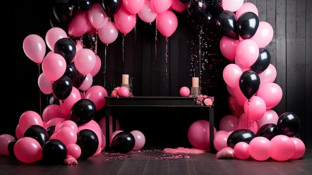 roze verjaardagsballons in een roze interieur vakantieconcept