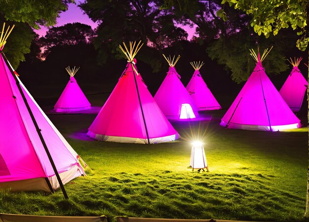 Foto roze verlichte tipi's worden verlicht in het donker.