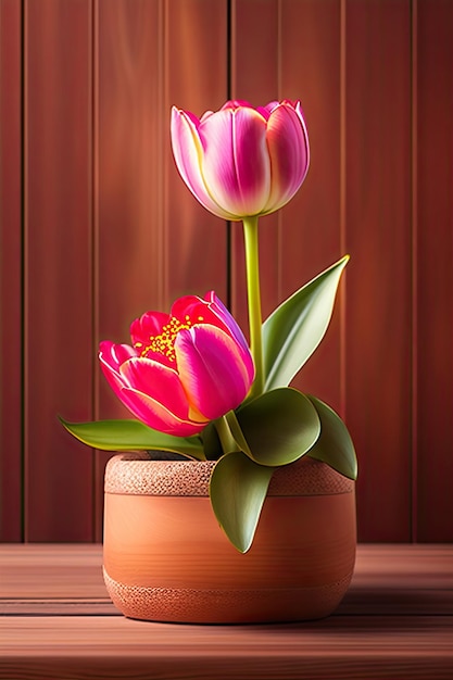 Roze verse tulpenbloem op houten plank achtergrond