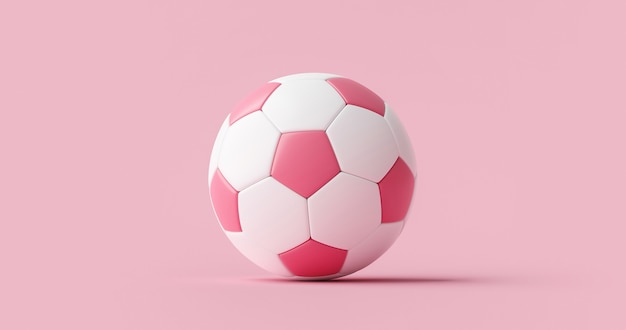 Roze voetbal of voetbal en sportuitrusting op roze pastelachtergrond met klassiek vrouwenteam. 3d-weergave.