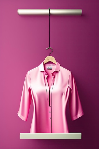 Roze vrouwenblouse hangt aan mooie hanger op roze achtergrond met kopieerruimte
