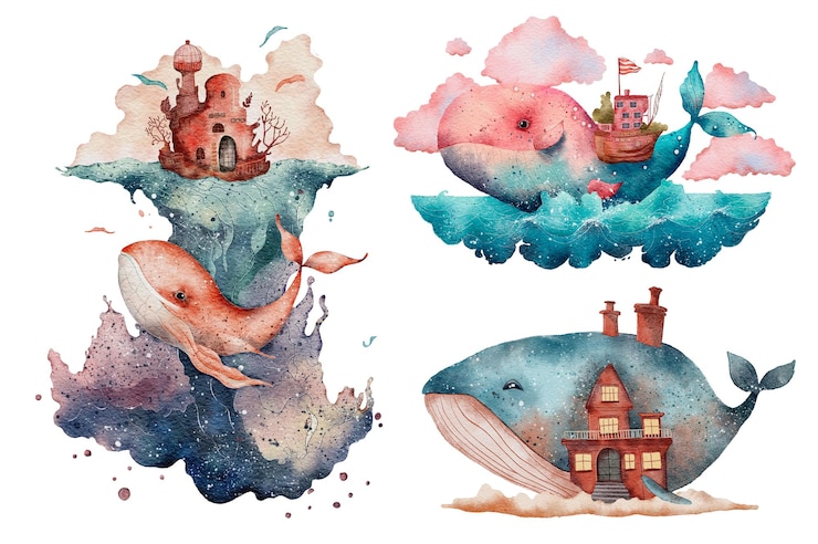 Foto roze walvis die in de wolken vliegt waterverf fantasie illustratie geïsoleerd op wit