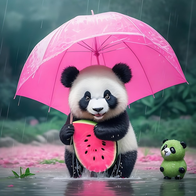 Roze watermeloenregen en schattige panda