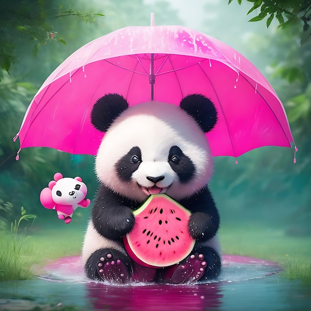 Roze watermeloenregen en schattige panda