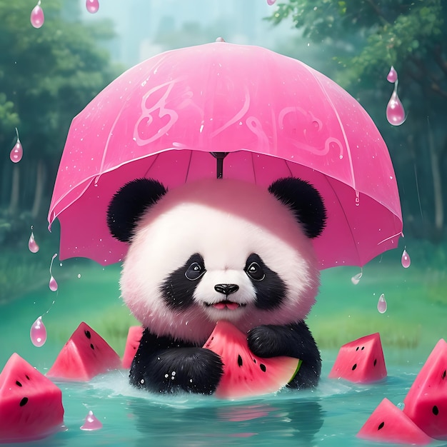 Roze watermeloenregen en schattige panda