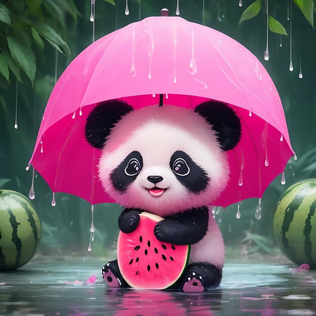 Roze watermeloenregen en schattige panda