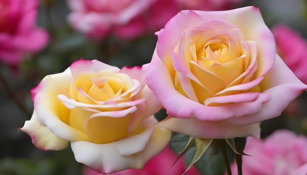 Roze witte en gele rozen geïsoleerd met groene bladeren op de achtergrond