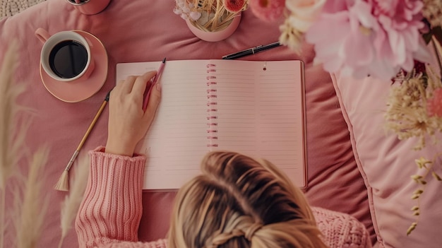 Roze witte grijze bijbel plat lag met zwarte thee roze rozen kleurrijke bijbel pen en een vrouws hand
