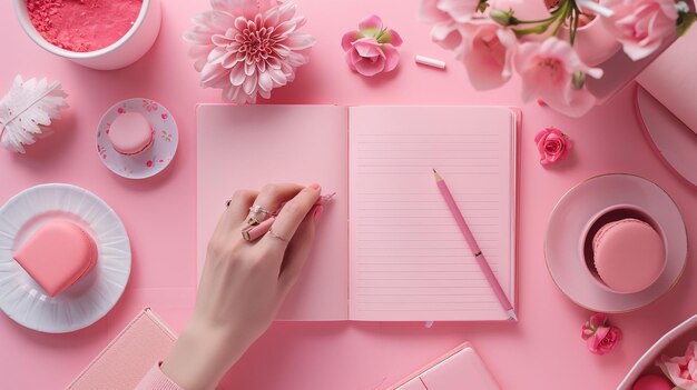 Roze witte grijze bijbel plat lag met zwarte thee roze rozen kleurrijke bijbel pen en een vrouws hand