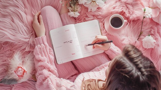 Roze witte grijze bijbel plat lag met zwarte thee roze rozen kleurrijke bijbel pen en een vrouws hand