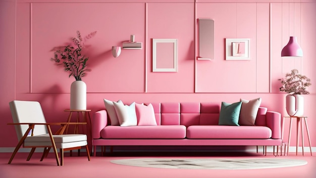 Roze woonkamer met trendy sofa minimalistisch design ideestijl in pasteltinten