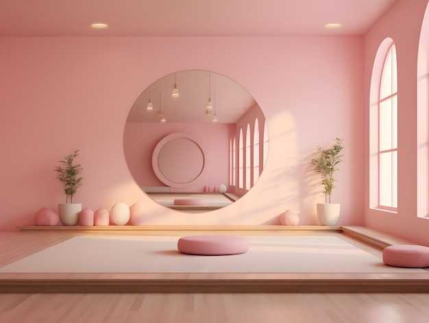 Roze yoga kamer met zonneschijn komen uit het grote raam een tapijt en een bank 3d rendering