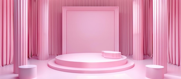 Roze zaal met cilinderpodium voor productpresentatie