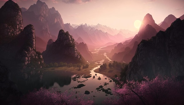 roze zonsondergang in een chinees landschap