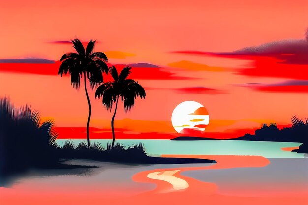 Roze zonsondergang over de baai en palmbomen Generatieve AI