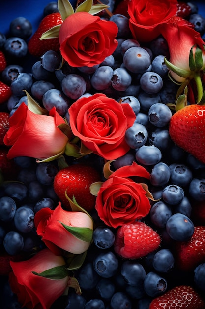 Rozen aardbeien bessen en bloemen achtergrond Zomertijd zomer