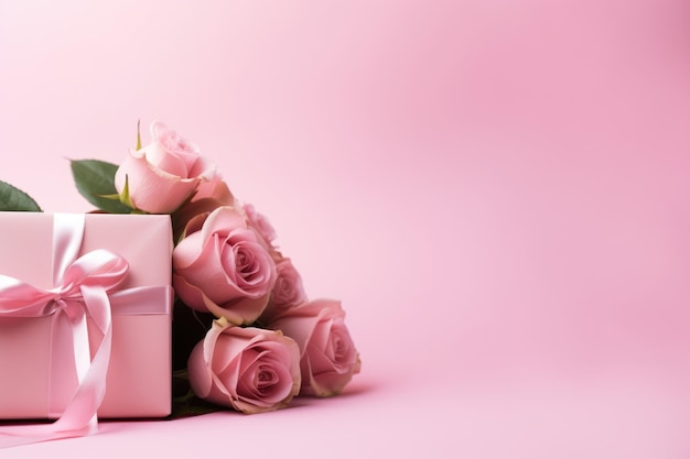Rozen en cadeau doos met satijn lint op roze achtergrond Saint valentine verjaardag moederdag viering