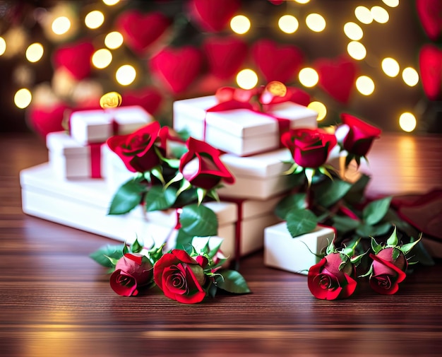 rozen en een geschenk in een vaas op een houten achtergrond Valentijnsdag verjaardag achtergrond mooie schoonheid