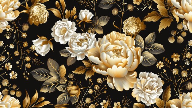 Rozen en pioenen Gouden en witte bloemen bladeren takken en bessen op een zwarte achtergrond Oosterse stijl Moderne illustratie kunst Voor ontwerp textiel papieren