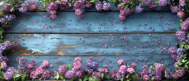 Rozen met lila bloemen op een achtergrond van versleten houten planken