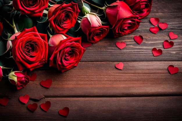 rozen op een houten achtergrond met harten en een houten agtergrond