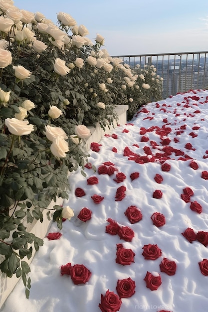 rozen zijn verspreid in de sneeuw in een generatieve tuin