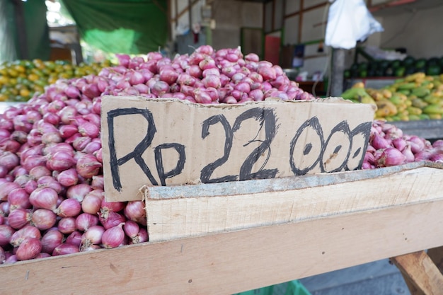 the Rp symbol of the Indonesian currency with a pile of shallots in the background