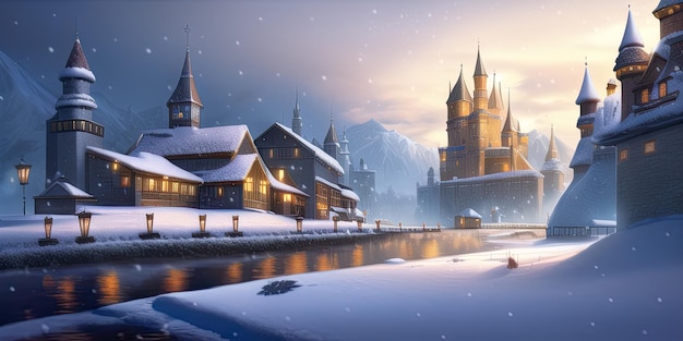 Rpg village in winter illustration concept art