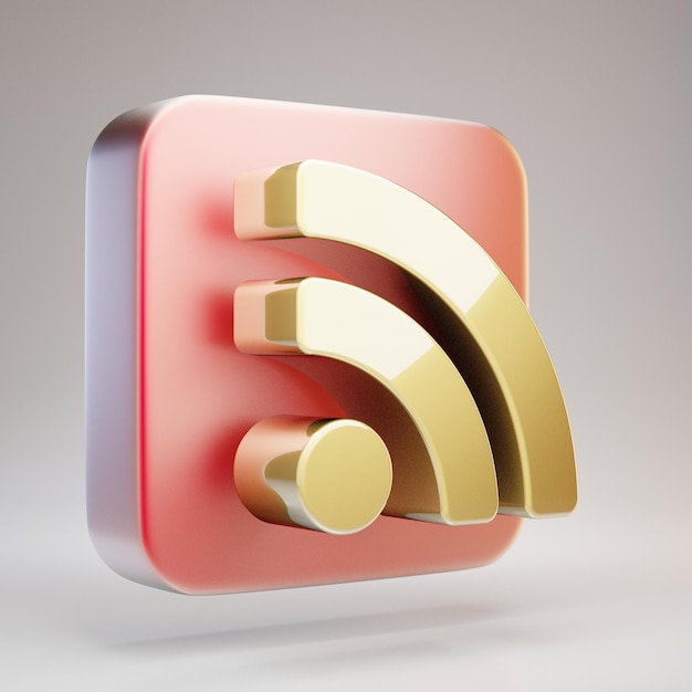 Значок RSS. Золотой символ RSS на красной матовой золотой пластине. 3D визуализации значок социальных сетей.