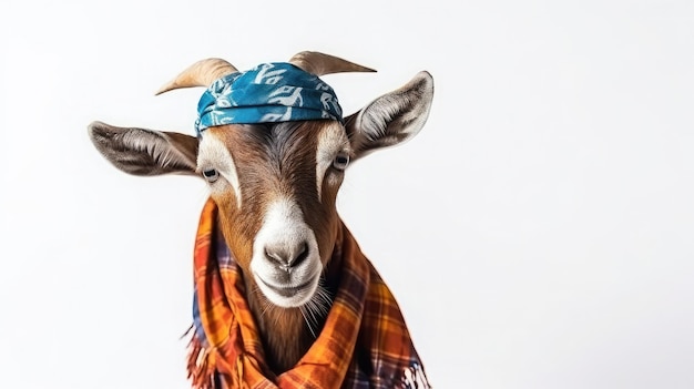 Rubber billy goat with bandana on head on white background