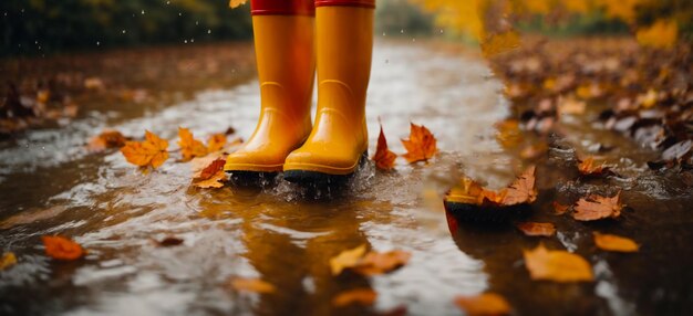 雨の秋の葉の背景にゴム製のブーツ