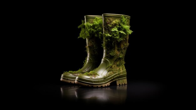 Rubber boots covered with green moss and grass Nature wins Ecology