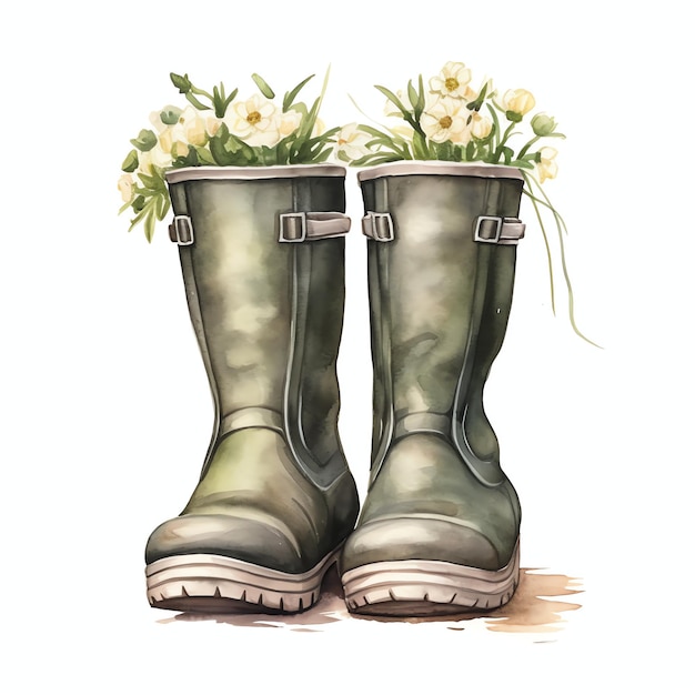 Foto stivali di gomma per giardino accessorio di vita semplice per le giornate primaverili o estive in verde botanico neutro