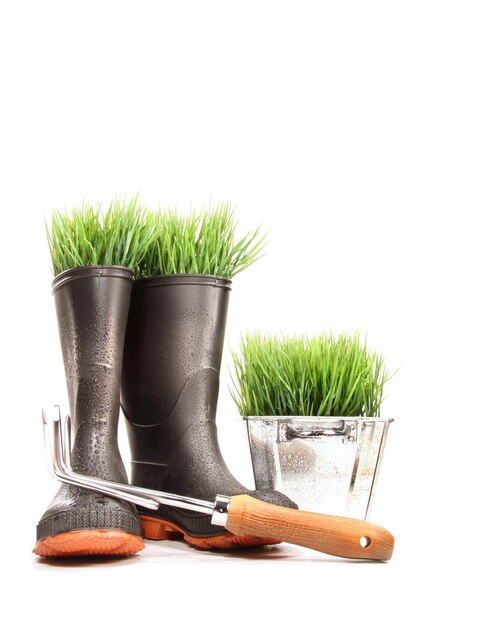 Rubber boots with grass in pot and tool