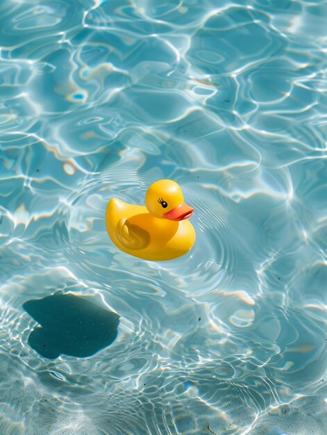 Photo rubber duck floating in pool summer day bright colors joyful simplicity clear water