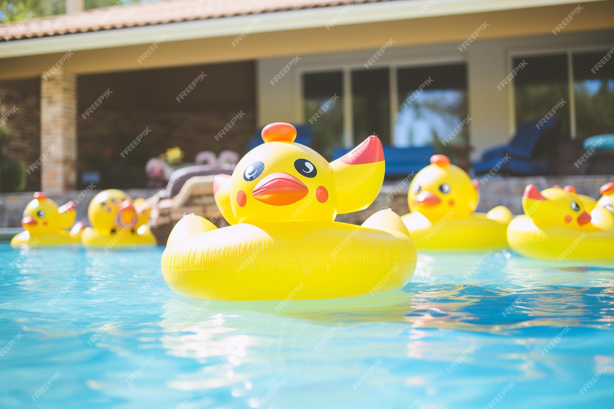 Premium AI Image | Rubber duck in a swimming pool with a house in the