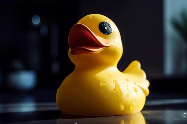 A rubber duck with a black eye and a black spot on the side.