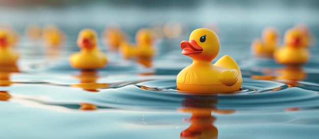 Rubber Ducks Floating on Lake