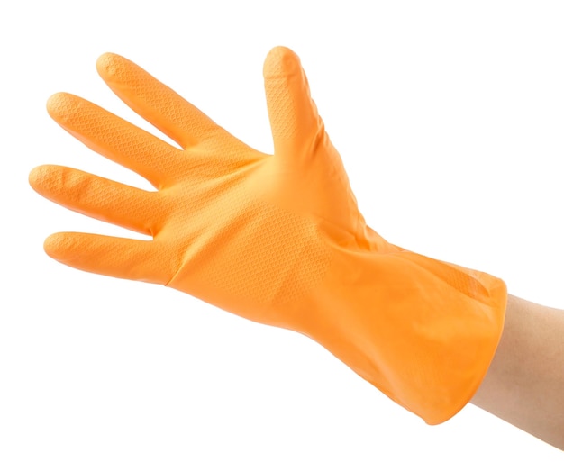 Rubber glove for cleaning the house on a hand on a white background cut out Isolated