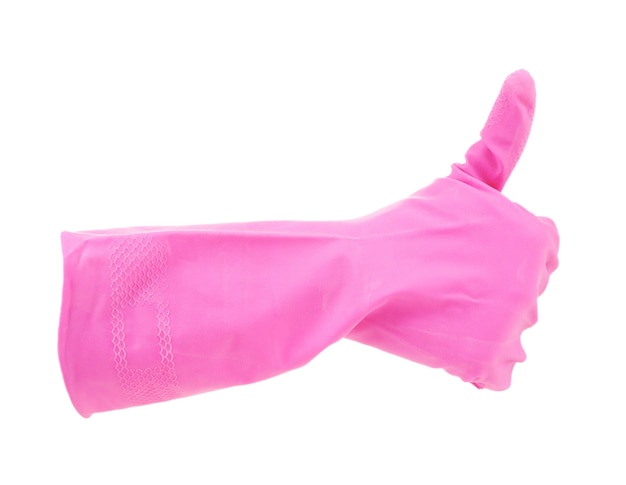 Rubber glove on hand isolated on white